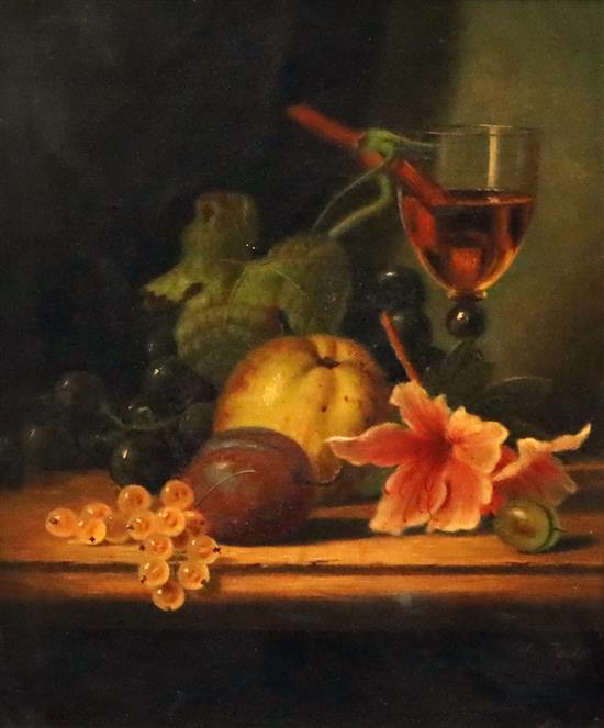 Henry George Todd (1847-1898) Still life of fruit and a wine glass upon a ledge 12 x 9.5in.